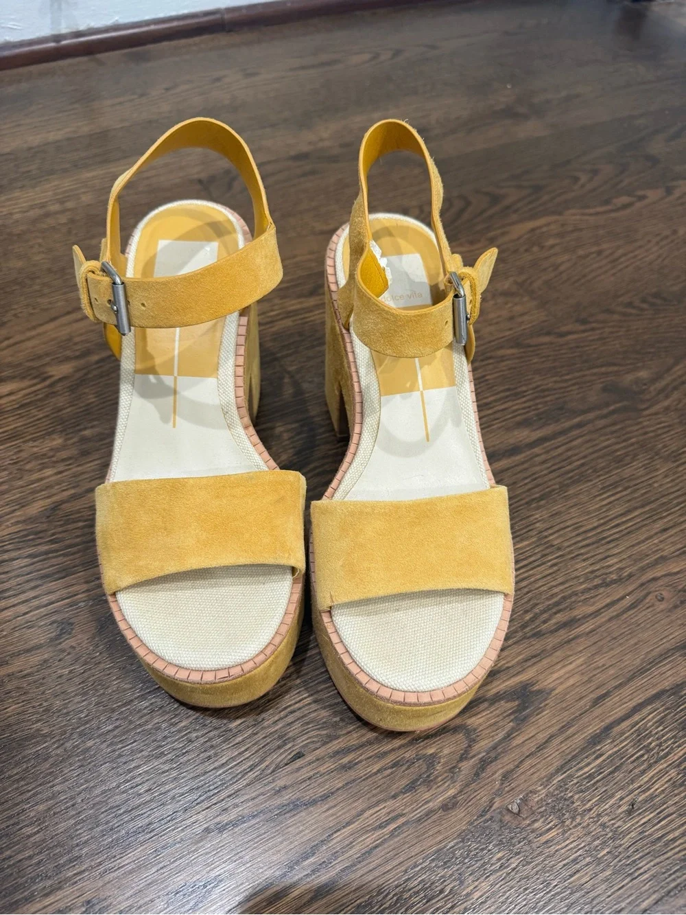 Dolce Vita Platform Suede Ankle-Strap Sandals in Mustard Yellow